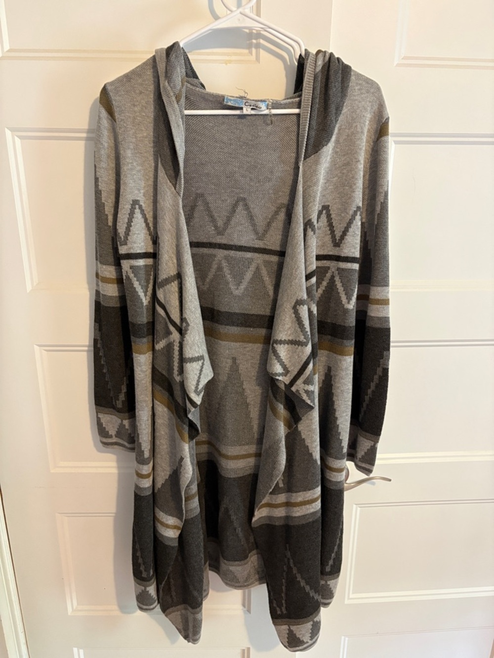 Cecico Hooded Open-Front Aztec Cardigan in Gray and Taupe